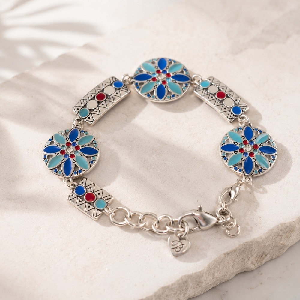 Brighton Africa Stories Multi Enamel Bracelet Blue Red Silver Tone Crystal